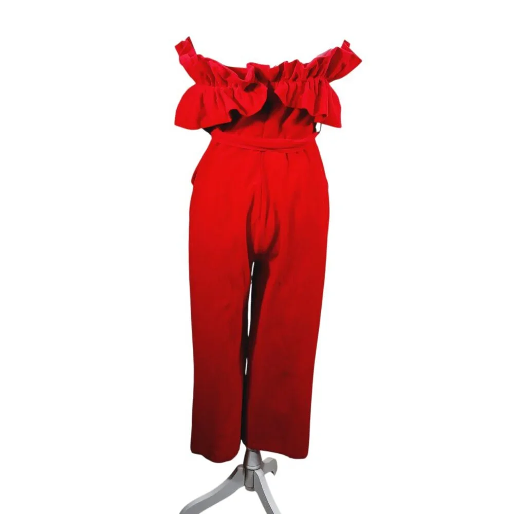 Ambition, Med., Red Strapless Linen Blend Jumpsuit W/ Ruffled Top, Calf Length - Picture 4 of 13
